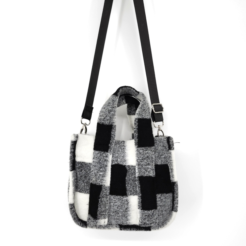 Flannel Crossbody Tote Small Black White Plaid Whimsygoth‎ Grunge